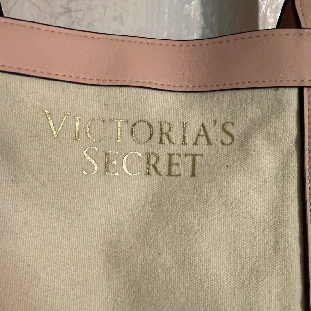 Victoria's Secret Beige Canvas Tote Bag with Pink Trim and Gold ...